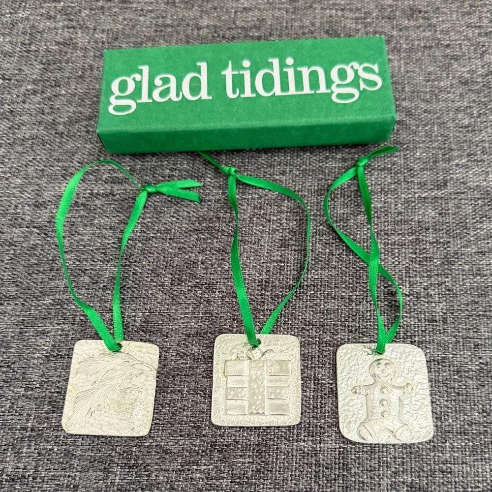 Vilmain Vintage 2002 Square Pewter Christmas Ornaments Set of 3 Glad Tidings Box